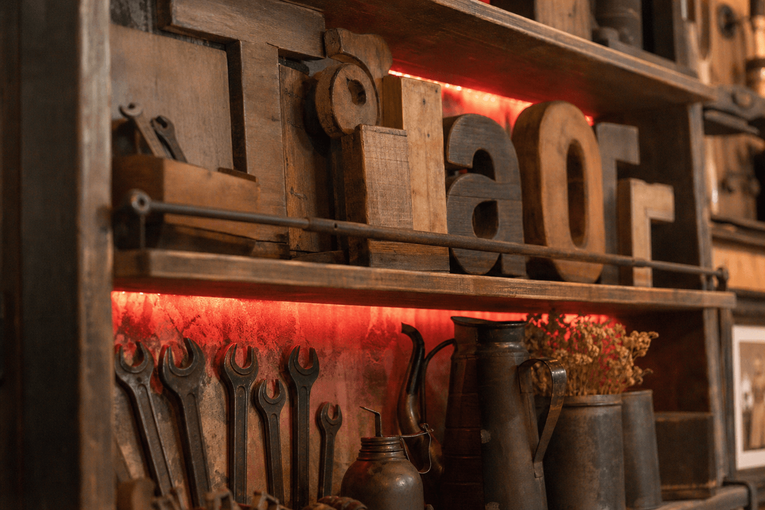 Estantería y detalle de la antigua ferretería en El Clavo